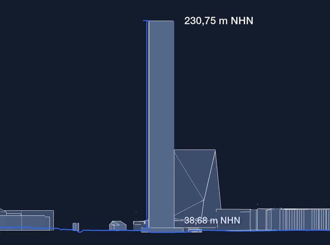 Ansicht eines Turms mit Höhenangabe an Spitze und Fuß in Metern über NHN