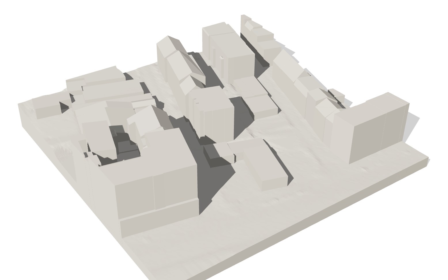 Vorschau des exportierten 3D-Druck-Modells (STL) mit Gelände, Gebäuden und Sockel