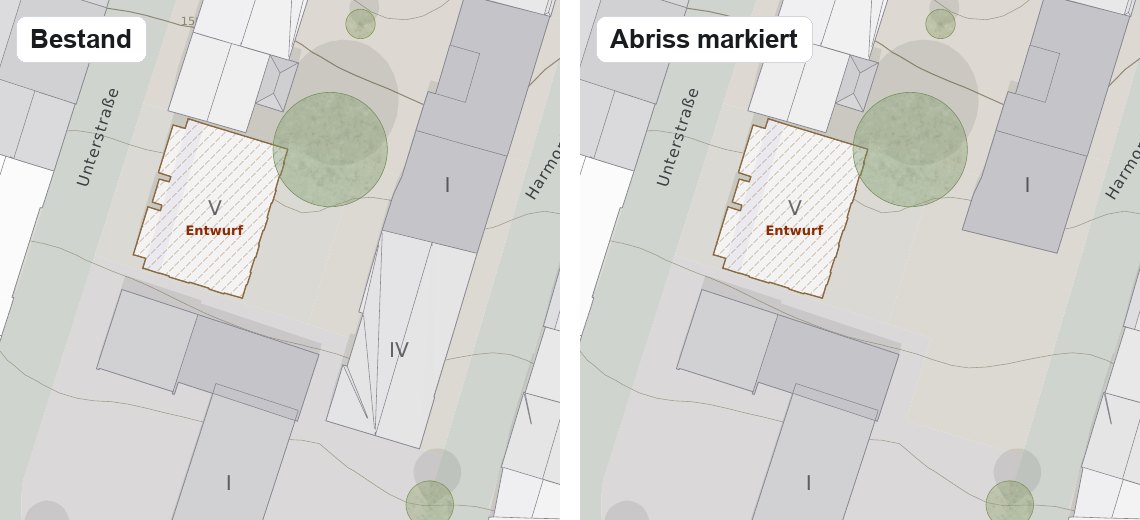 Umgebungsplan mit Entwurf, links der Bestand, rechts dasselbe Blatt mit einem als Abriss markierten Nachbarhaus, das dort fehlt
