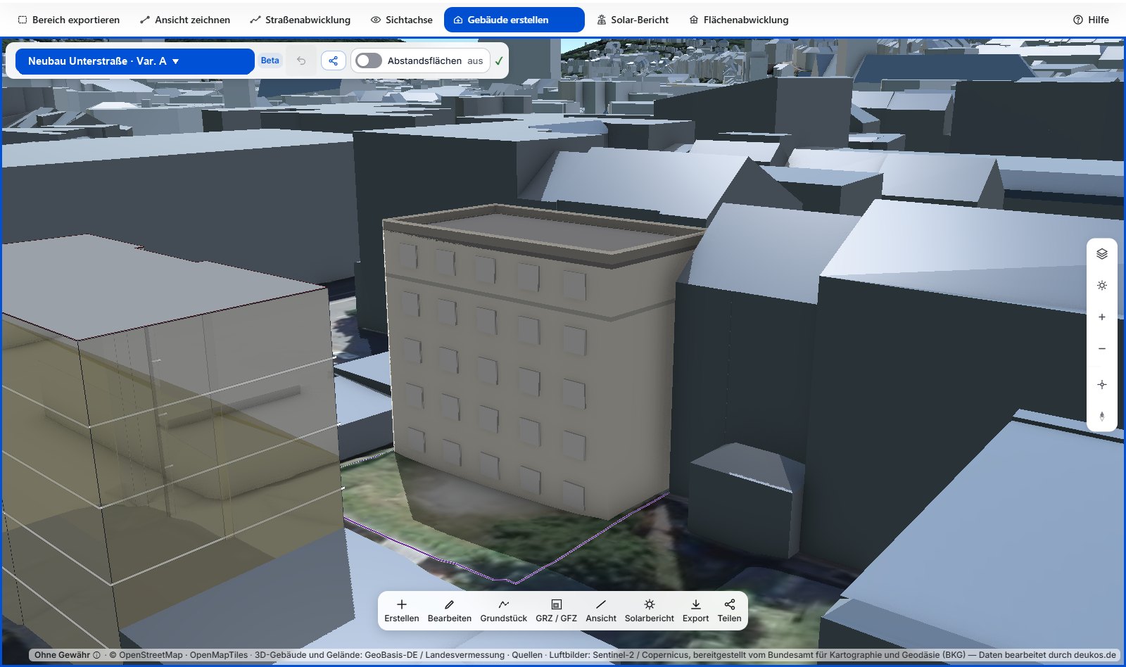 Eigenes IFC-Modell eines Mehrfamilienhauses mit Fassade und Materialien, eingesetzt in die amtliche 3D-Umgebung