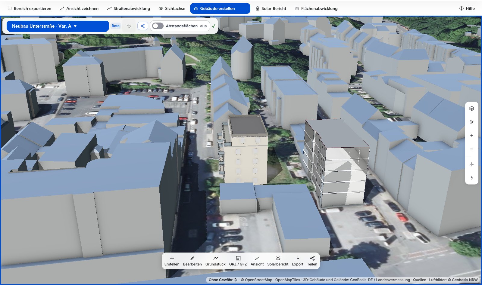 DEUKOS-App, Werkzeug Gebäude erstellen: eingesetztes Mehrfamilienhaus und gezeichneter weißer Neubau zwischen den amtlichen 3D-Gebäuden in Wuppertal, Luftbild darunter