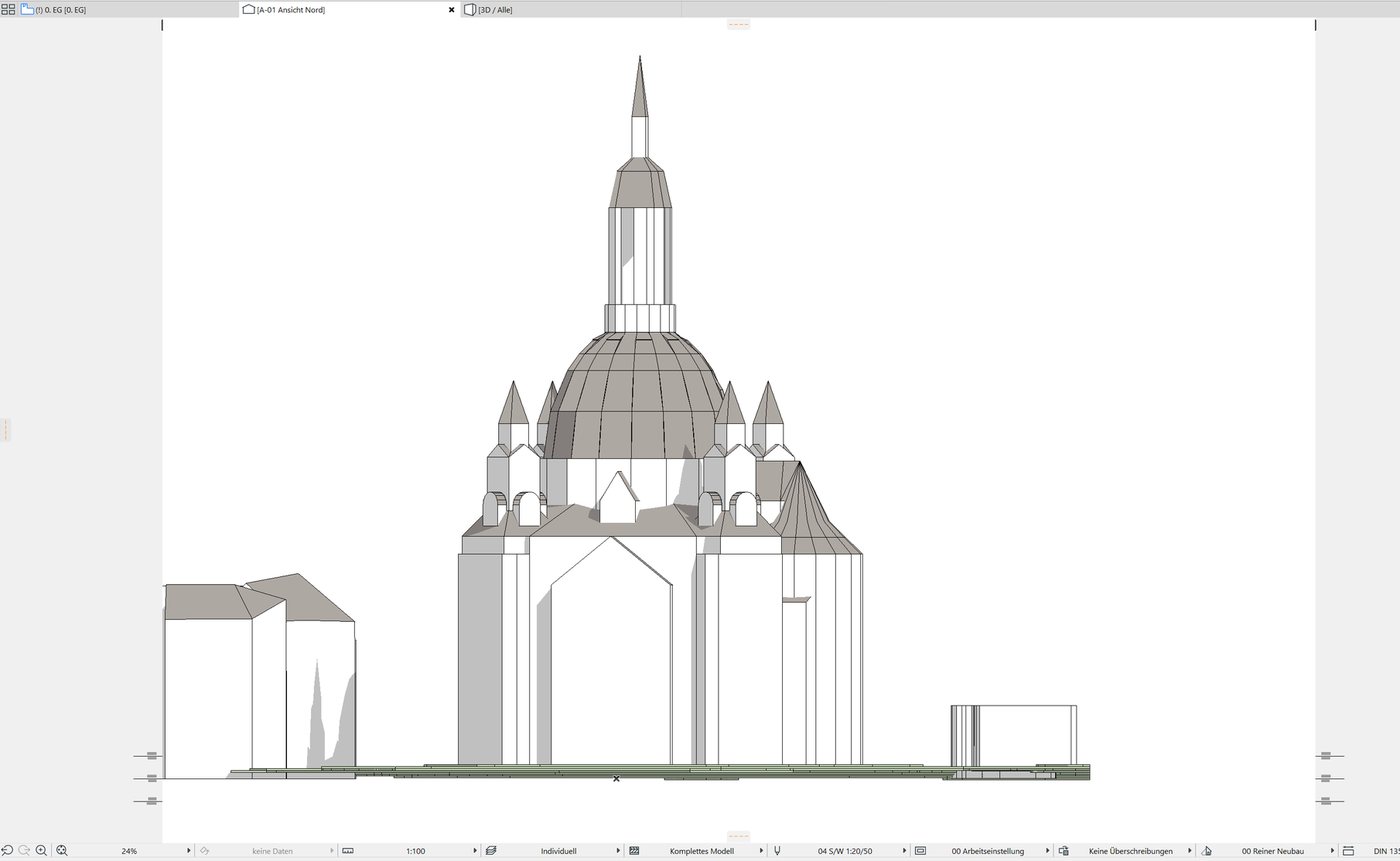 ArchiCAD 25, Registerkarte A-01 Ansicht Nord: die Frauenkirche in der Ansicht von Norden mit Kuppel, Laterne und Ecktürmen, links zwei Nachbargebäude, rechts ein flaches Gebäude, unten das Gelände.