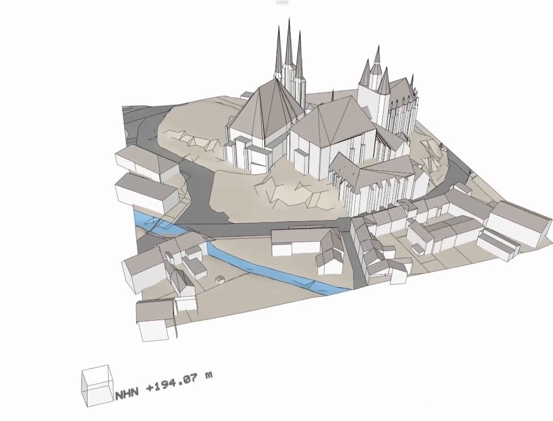 ArchiCAD-3D-Fenster: der Erfurter Domberg mit Dom und Severikirche auf einem Geländesockel, davor Wohnhäuser. Straßen sind grau, ein Wasserlauf blau, die übrigen Flächen sandfarben. Unten die Höhenmarke NHN +194.87 m.