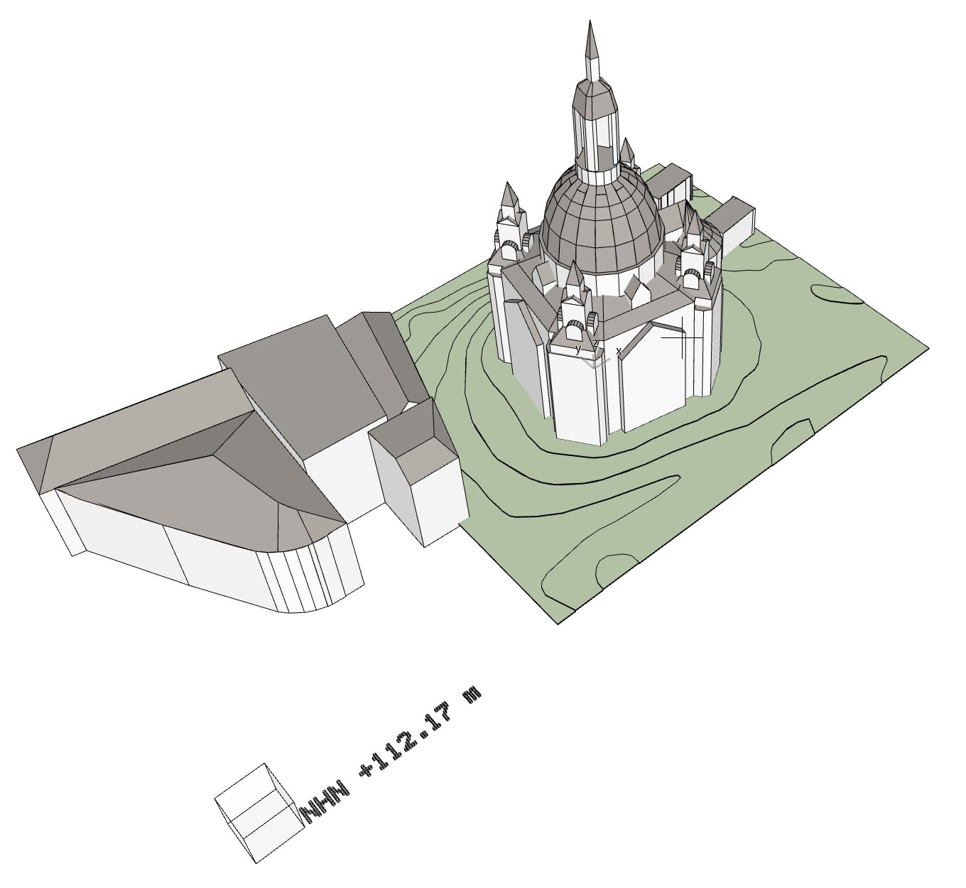 Isometrie aus ArchiCAD: die Dresdner Frauenkirche mit Kuppel und Türmen, daneben zwei Nachbargebäude, darunter eine grüne Geländefläche mit Höhenlinien. Vorne links ein kleiner Würfel mit der Beschriftung NHN +112.17 m.