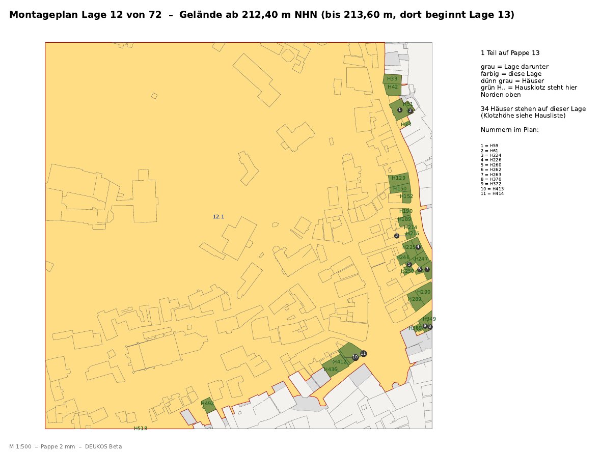 Montageplan Lage 12 von 72, Gelände ab 212,40 m NHN: eine gelbe Geländefläche mit dünn gezeichneten Hausgrundrissen, am rechten Rand grün markierte Häuser mit Nummern wie H129, H150 und H412, einige mit schwarzen Kreisen 1 bis 11. Rechts eine Legende mit der Zuordnung der Kreisnummern zu Hausnummern.