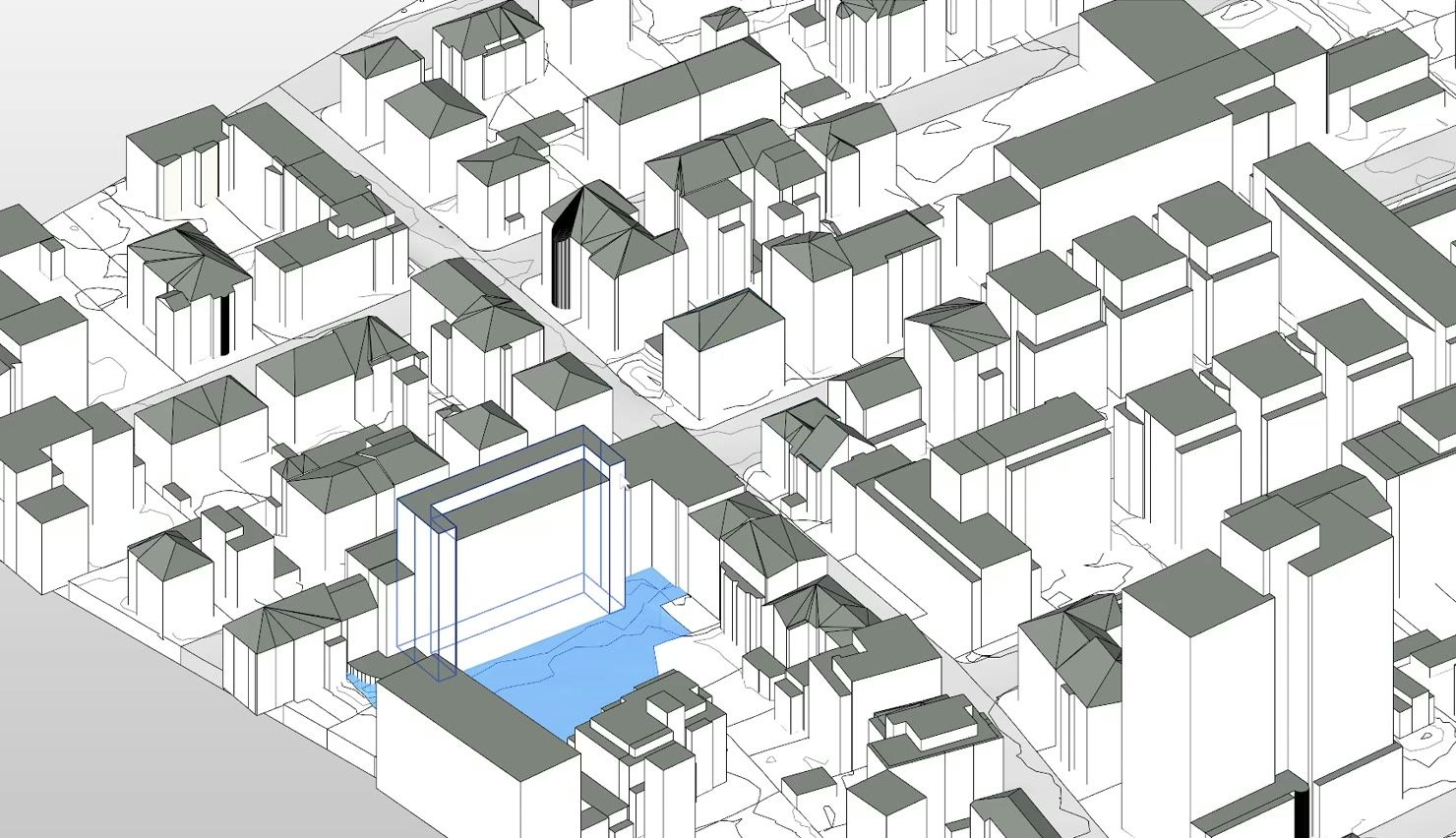 Revit: ein Nachbargebäude als eigenes Bauteil im Umgebungsmodell ausgewählt