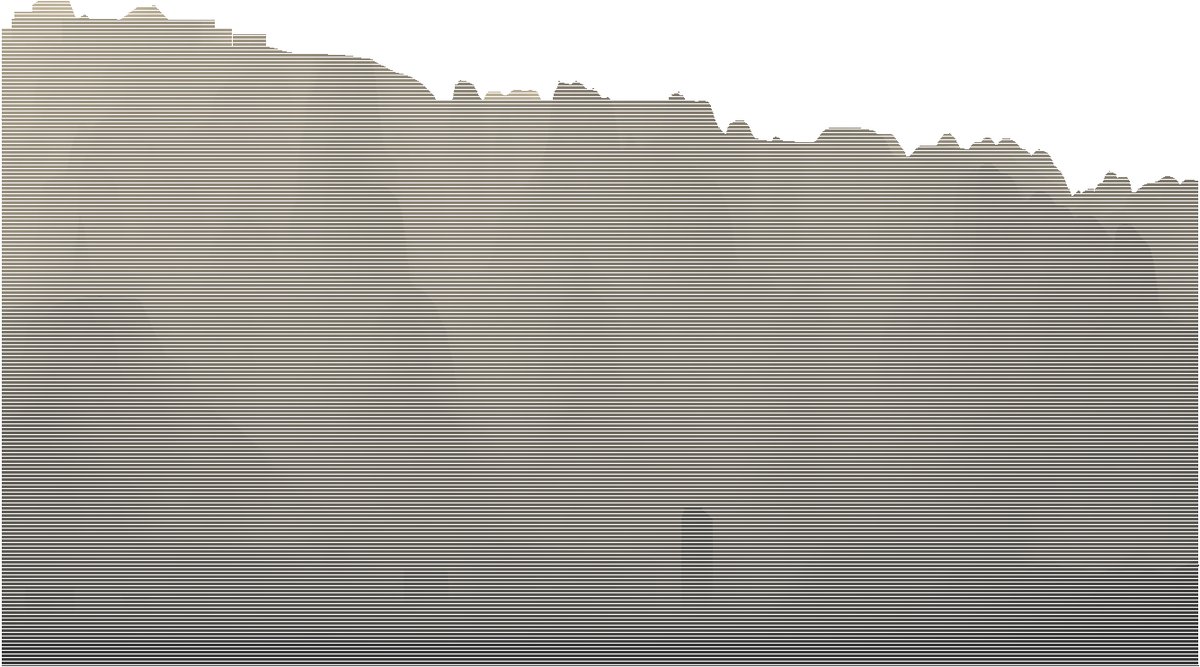 Seitenansicht der Druckschichten des Bastei-Modells als Mesh: links oben die Felsgruppe mit unregelmäßigen Spitzen, nach rechts fällt die Kante in vielen kleinen Zacken ab, unten der Sockel.