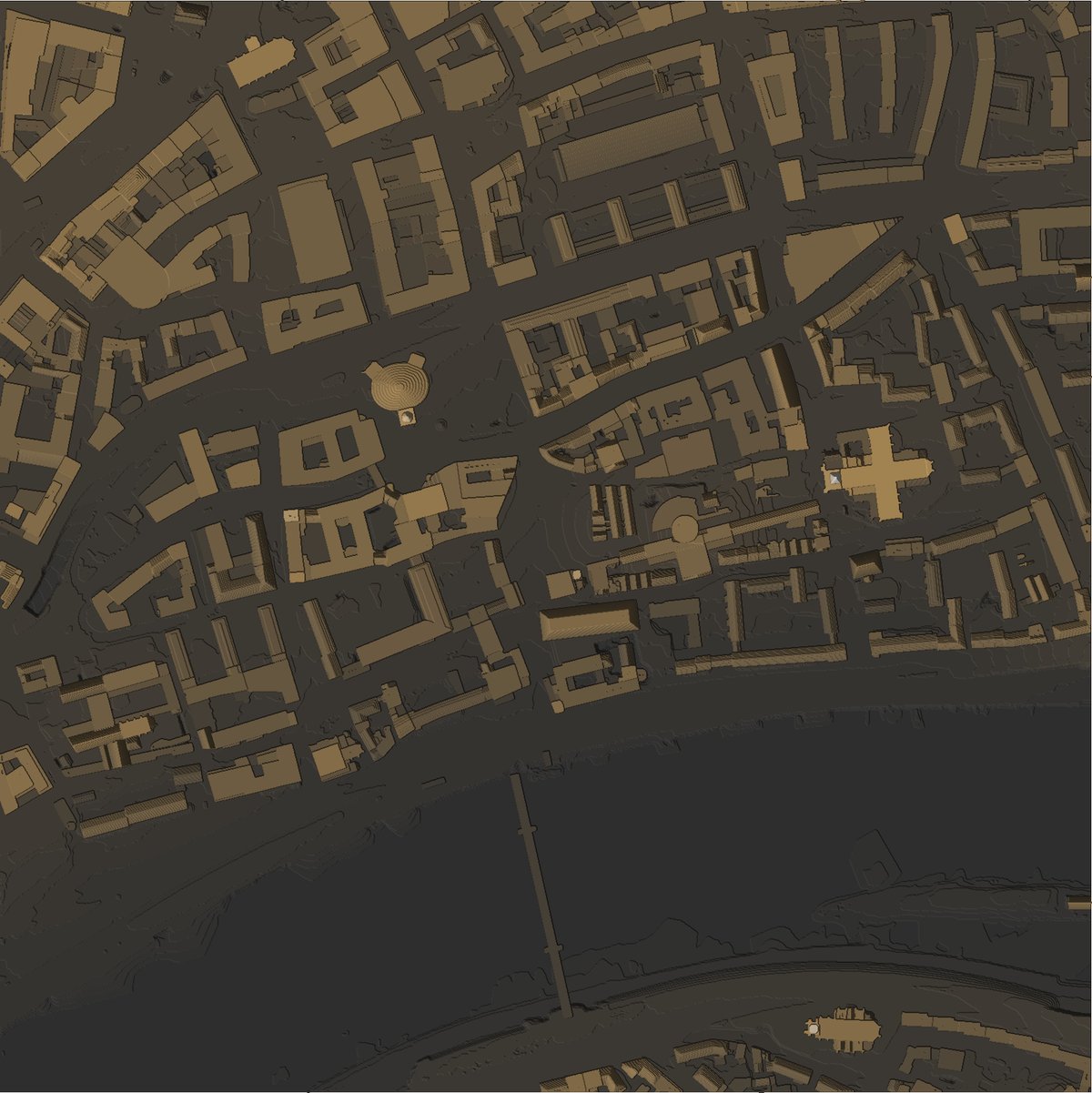 Draufsicht aus dem G-Code, Frankfurt Römerberg als Mesh: dichte Häuserblöcke, in der Mitte ein runder Bau, rechts ein kreuzförmiger Kirchenbau, unten der Main mit einer schmalen Brücke.