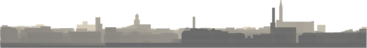 Seitenansicht der Druckschichten des Frankfurter Modells: eine flache, lange Stadtsilhouette, rechts ragt ein Kirchturm deutlich heraus.