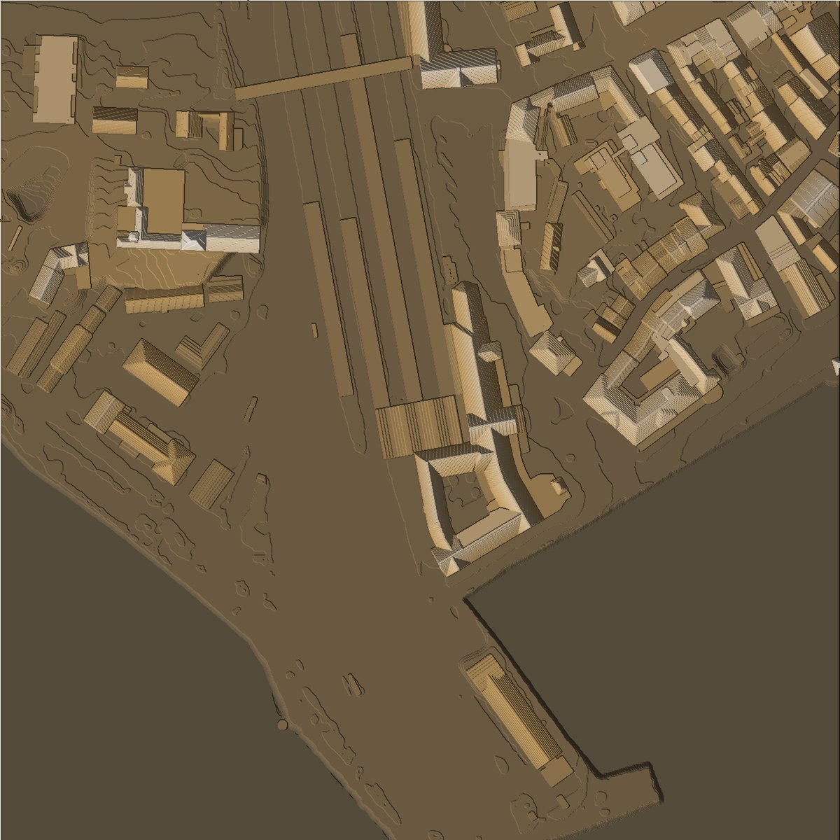 Draufsicht aus dem G-Code, Lindau: oben rechts die Altstadthäuser, in der Mitte die Gleise des Bahnhofs, unten links und rechts das Wasser als glatte Fläche, rechts unten die Hafenmole.