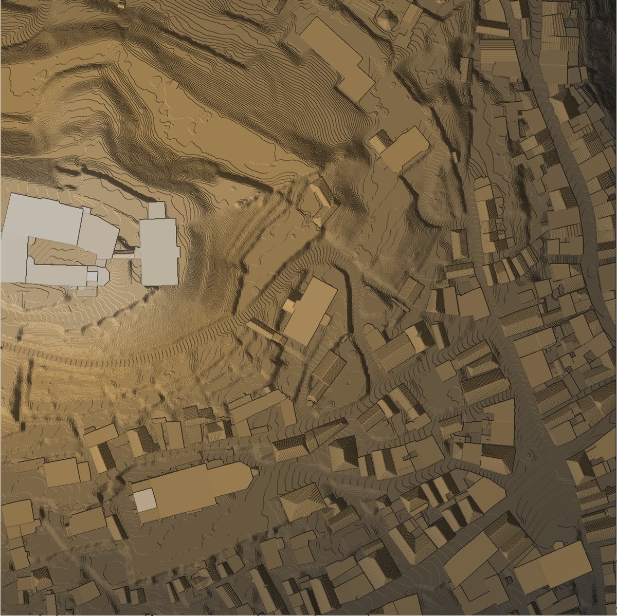 Draufsicht aus dem G-Code, Marburg als Mesh: links das helle Schloss, darum ein Hang mit vielen feinen Höhenlinien, rechts und unten die Altstadt.