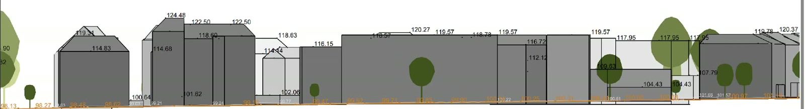 Straßenansicht als PDF mit Firsthöhen und Bäumen entlang einer Häuserzeile