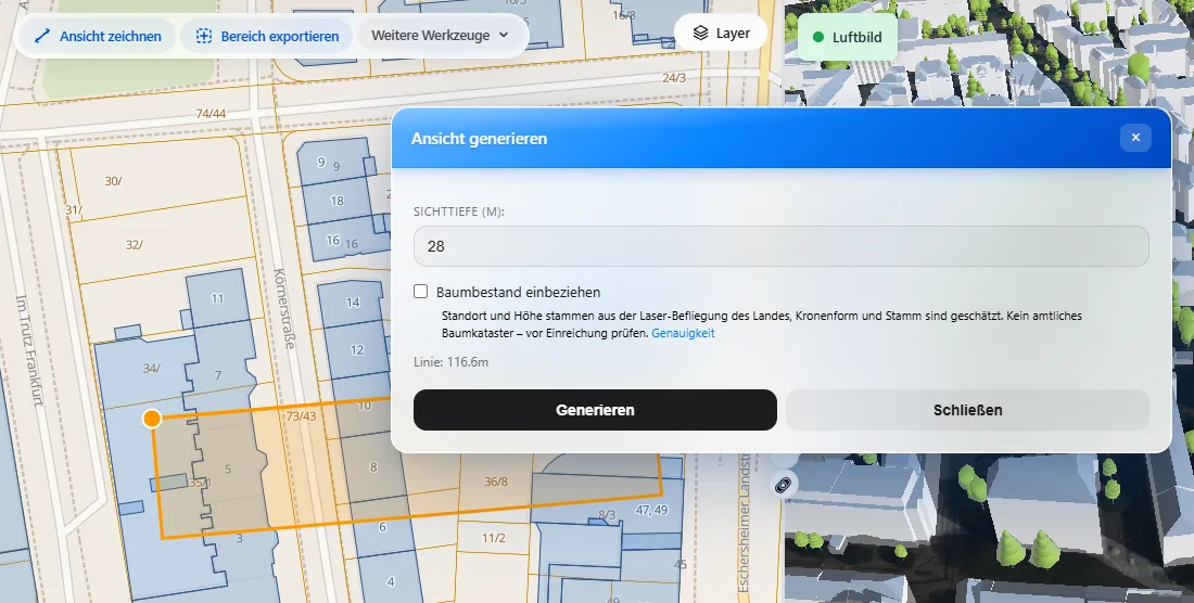 Dialog Ansicht generieren mit Sichttiefe 28 Meter, Haken Baumbestand einbeziehen, Linienlänge 116,6 Meter und den Knöpfen Generieren und Schließen