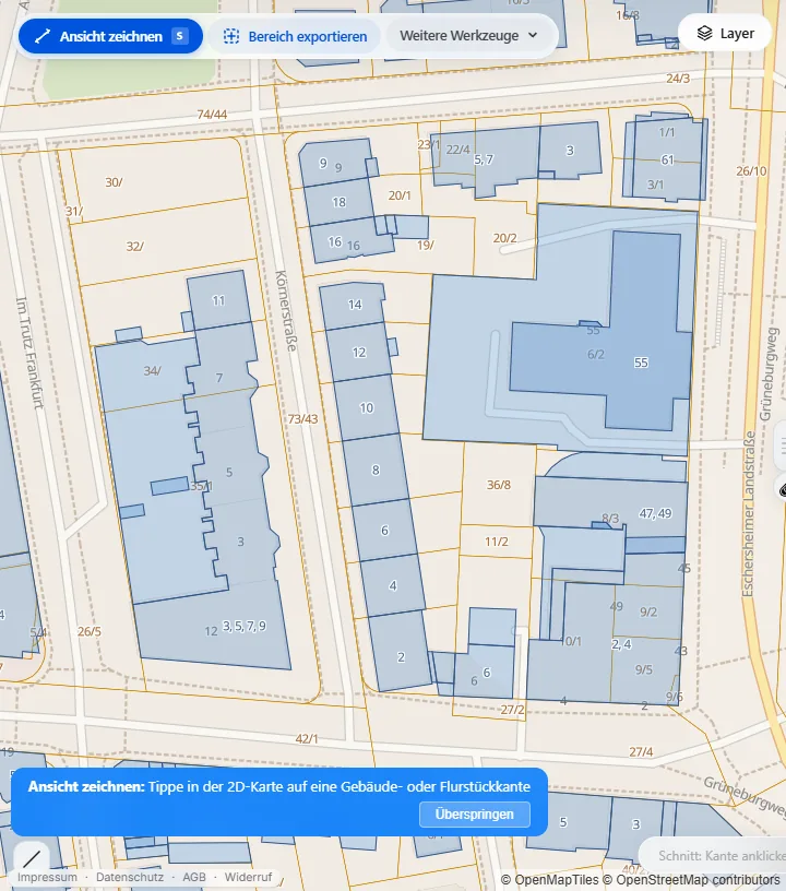 2D-Karte mit aktivem Werkzeug Ansicht zeichnen über einem Wohnquartier in Frankfurt