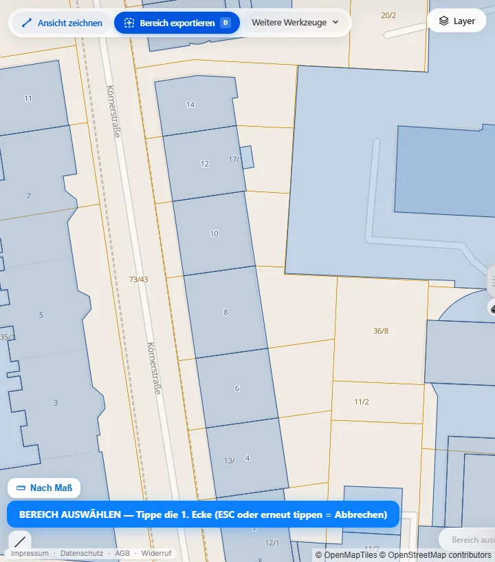 2D-Karte in DEUKOS mit aktiviertem Werkzeug Bereich exportieren und dem Hinweis, die erste Ecke zu tippen