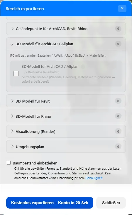 Exportdialog mit aufgeklapptem Abschnitt 3D-Modell für ArchiCAD und Allplan: IFC mit getrennten Bauteilen IfcWall, IfcRoof, IfcSlab und Materialien