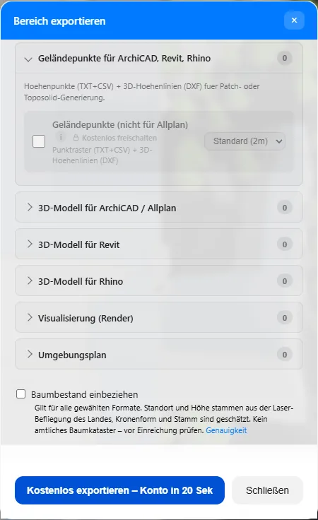 Exportdialog mit aufgeklapptem Abschnitt Geländepunkte: Punktraster als TXT und CSV plus 3D-Höhenlinien, Raster grob, standard oder fein