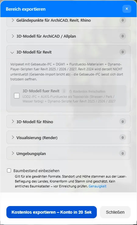 Exportdialog mit aufgeklapptem Abschnitt 3D-Modell für Revit: Vollpaket mit Gebäude-IFC, DGM1, Flurstücks-Materialien und Dynamo-Skripten für Revit 2025 bis 2027