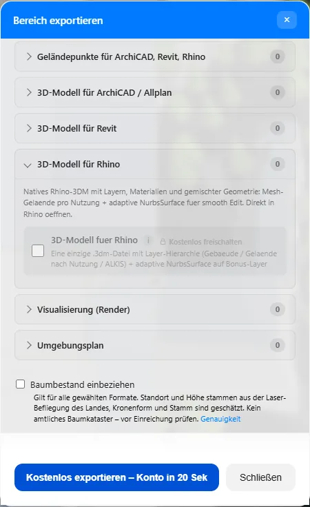 Exportdialog mit aufgeklapptem Abschnitt 3D-Modell für Rhino: natives Rhino-3DM mit Layern, Materialien, Mesh-Gelände pro Nutzung und NurbsSurface