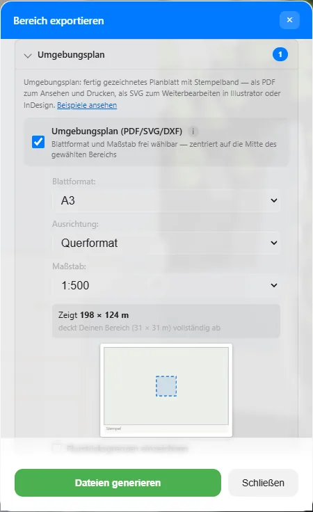 Exportdialog mit aufgeklapptem Abschnitt Umgebungsplan: Blattformat A3, Querformat, Maßstab 1:500, Anzeige der abgedeckten Fläche 198 mal 124 Meter und Vorschau des Blatts