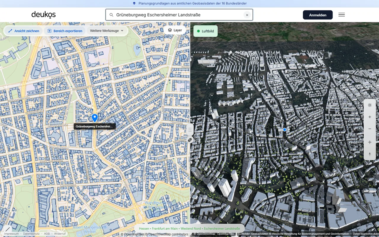 DEUKOS-App nach der Adresssuche: links 2D-Karte mit Flurstücken, rechts 3D-Ansicht mit Gebäuden und Bäumen in Frankfurt-Westend