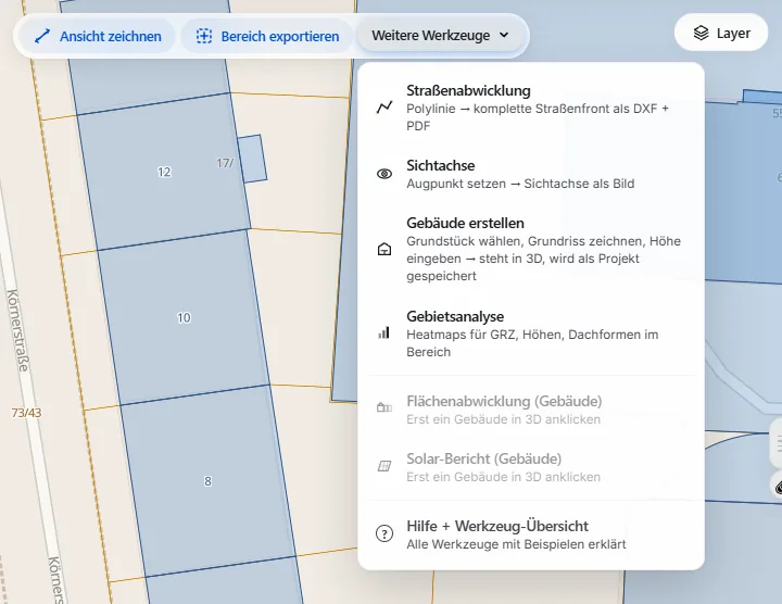 Geöffnetes Menü Weitere Werkzeuge mit Straßenabwicklung, Sichtachse, Gebäude erstellen, Gebietsanalyse, Flächenabwicklung und Solar-Bericht