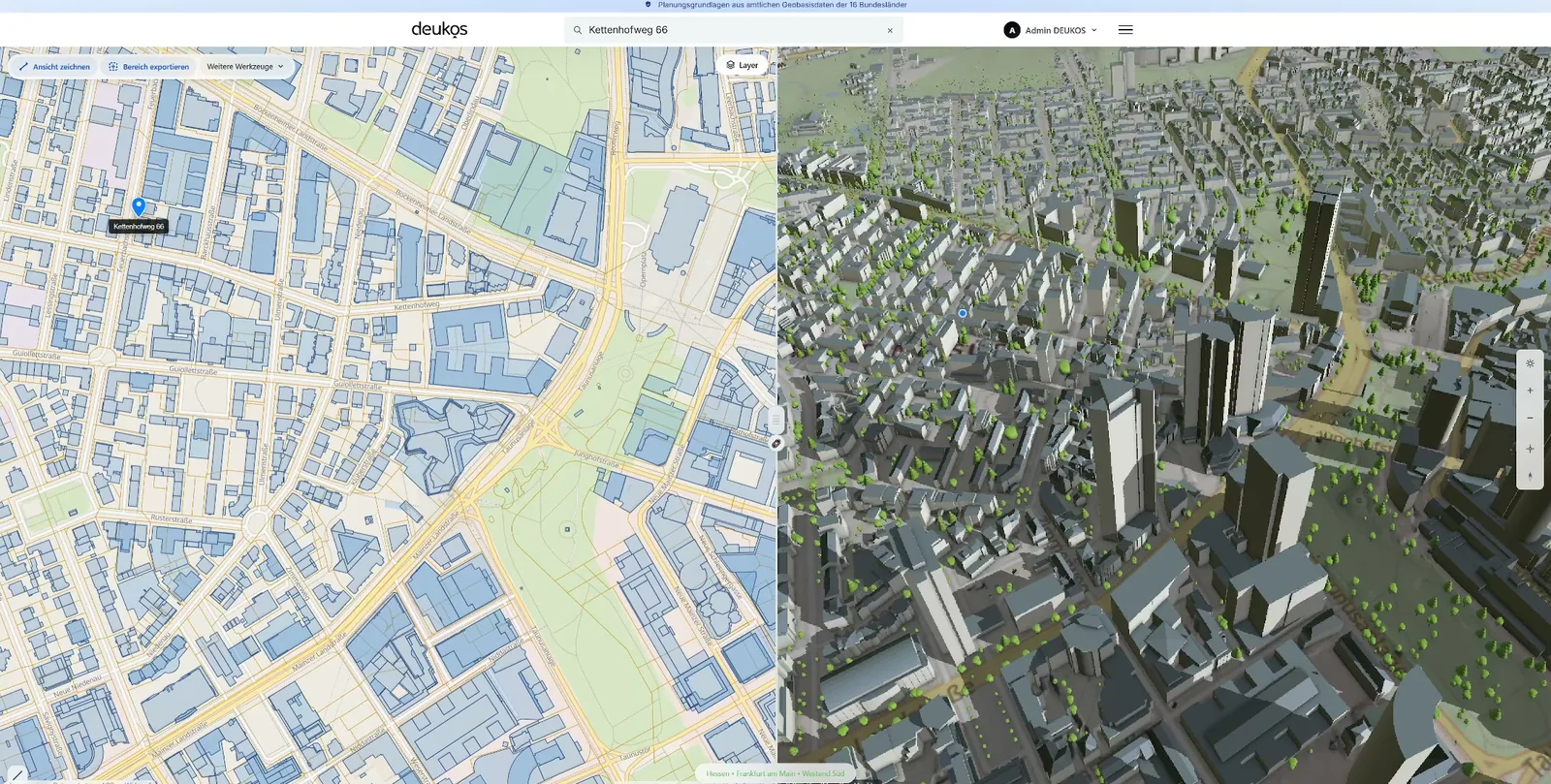 DEUKOS-Karte in geteilter Ansicht: links die 2D-Karte mit Flurstücken, rechts die 3D-Ansicht der LoD2-Gebäude, Frankfurt-Westend.