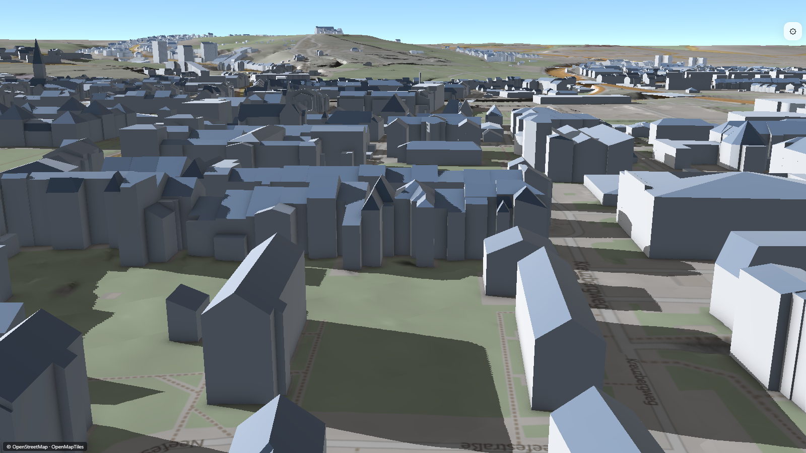 3D-Stadtmodell eines Bonner Wohnquartiers ohne Baumbestand: graue Gebäudekörper auf dem Gelände, dazwischen leere Grünflächen, die Schatten stammen ausschließlich von den Gebäuden.