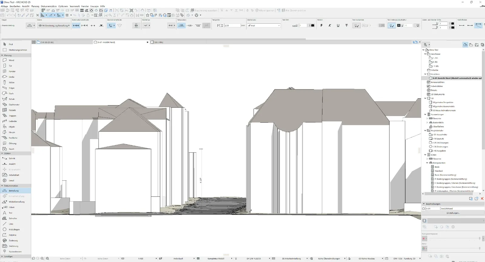 Ansicht in ArchiCAD mit importiertem IFC: Gebäude mit Dachformen, darunter der Geländekörper aus dem DGM1 als Schraffur.