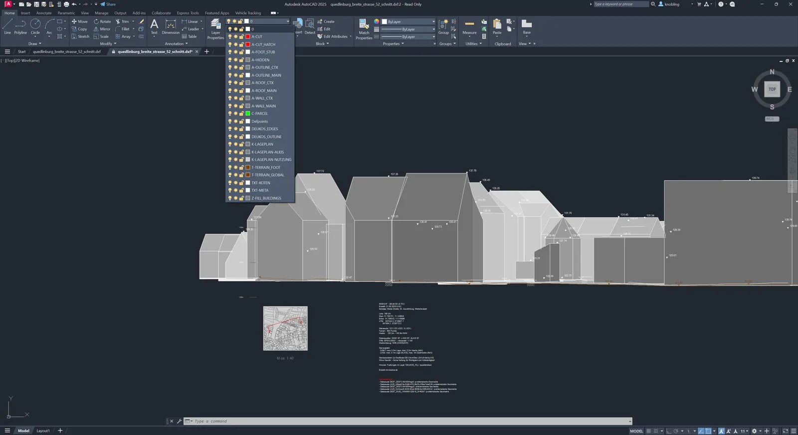 Geöffnete Layerliste in AutoCAD über einem DEUKOS-Schnitt-DXF aus Quedlinburg: sprechende Layer wie A-CUT, A-ROOF, DEUKOS_EDGES, T-TERRAIN und TXT-META.