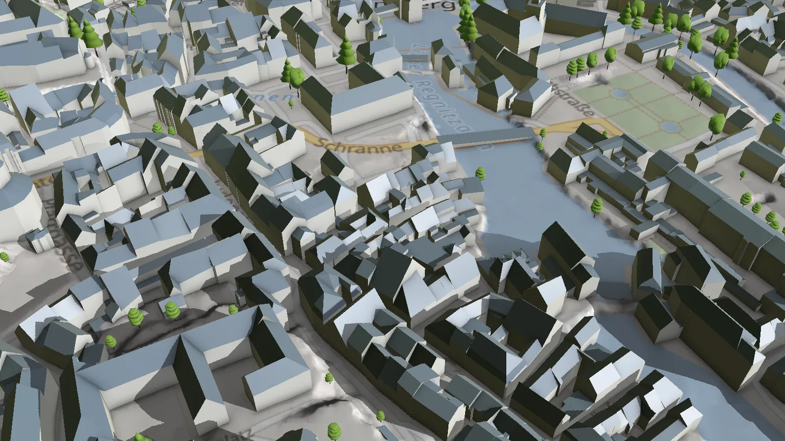 LoD2-Gebäudemodelle der Bamberger Altstadt in der DEUKOS-3D-Ansicht: dichte Satteldächer entlang der Regnitz, Blick von Süden.