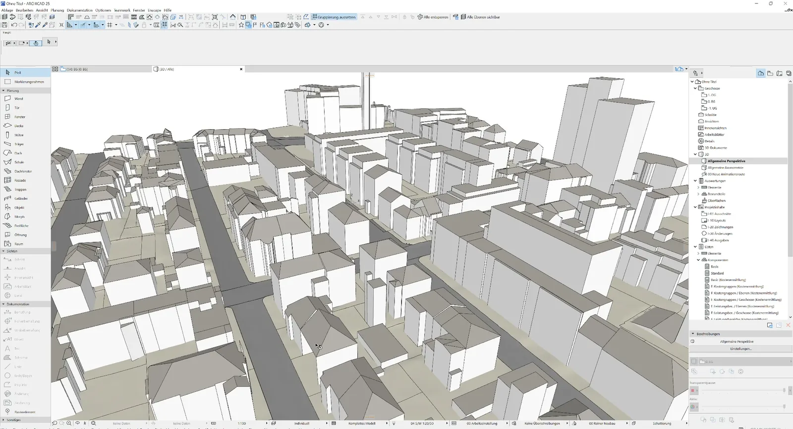 LoD2-Gebäudemodelle aus Frankfurt-Westend als IFC in ArchiCAD 3D: Satteldächer, Walmdächer und Flachdächer als geschlossene Körper mit klaren Kanten, jedes Gebäude ein eigenes Objekt.