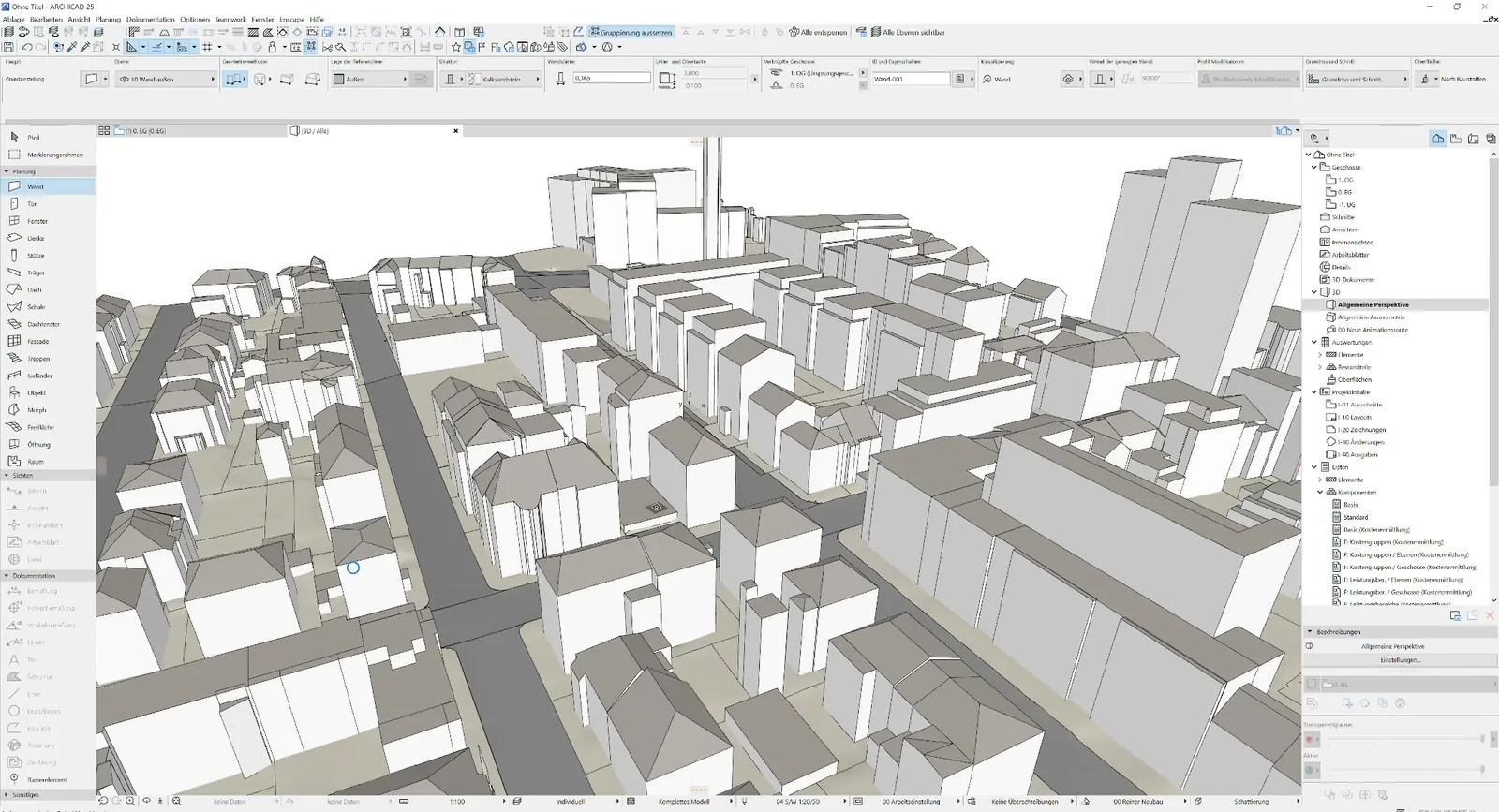 LoD2-Gebäude aus einer CityGML-Kachel, als IFC in ArchiCAD 3D geöffnet: ein ganzes Quartier in Frankfurt-Westend mit Dachformen.