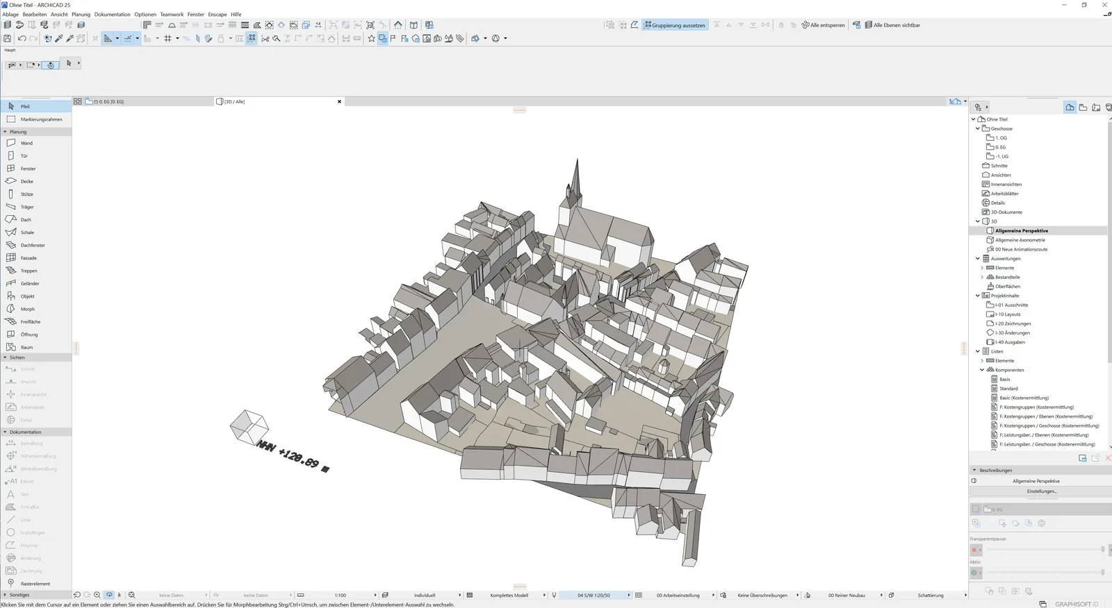 IFC-Import in ArchiCAD 3D: Altstadt von Quedlinburg mit Kirchtürmen und Satteldächern, jedes Gebäude ein eigenes Element, Höhenmarke NHN +120,89 m.