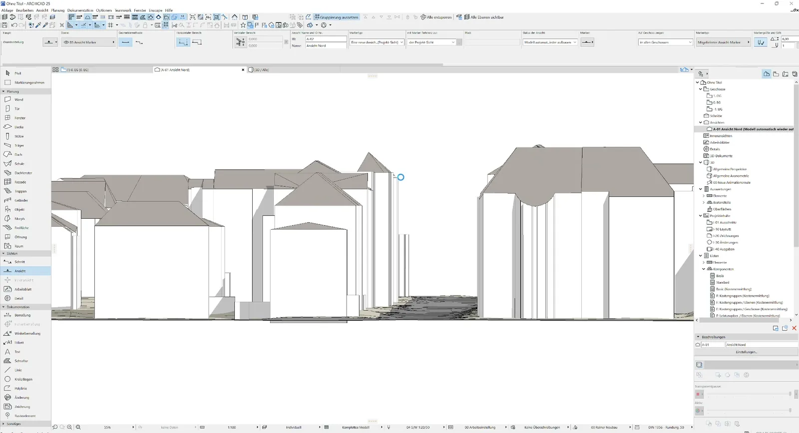 Ansicht in ArchiCAD aus dem importierten IFC: Straßenzeile mit Walm- und Satteldächern als saubere Kanten, keine Dreiecke.
