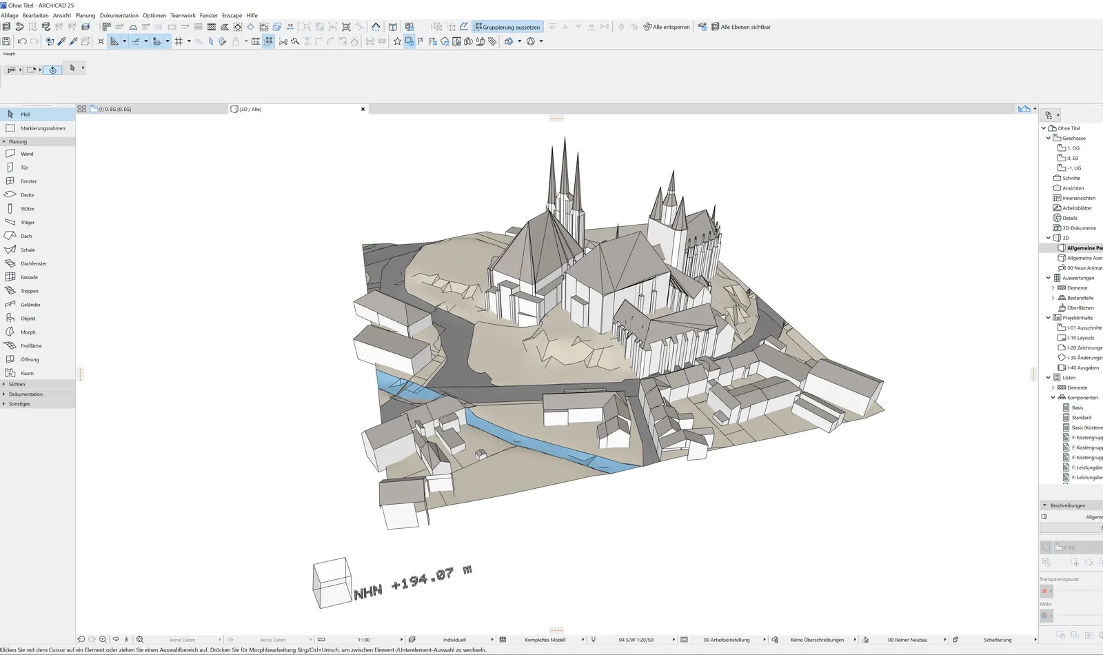 Erfurter Domberg als LoD2-Modell in ArchiCAD: Dom und Severikirche mit Turmdächern, umliegende Altstadthäuser mit Satteldächern, dazu das amtliche Geländemodell als Körper und die Höhenangabe NHN +194,07 m.