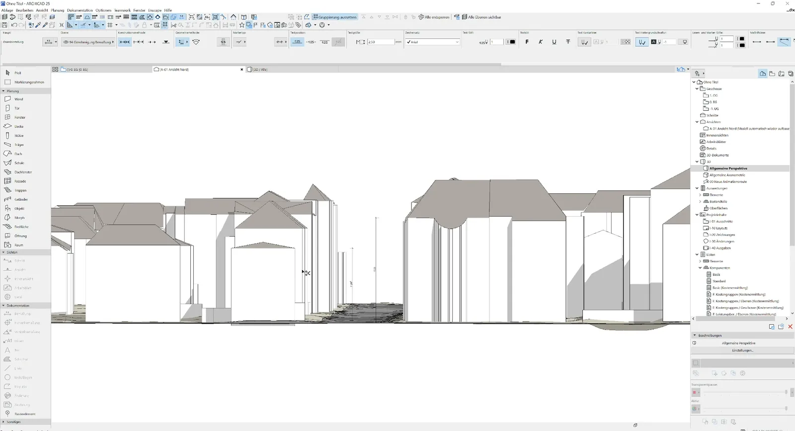 Isometrische 3D-Ansicht in ArchiCAD mit importiertem Umgebungsmodell aus Frankfurt-Westend, Gebäudekörper mit Walm- und Satteldächern.