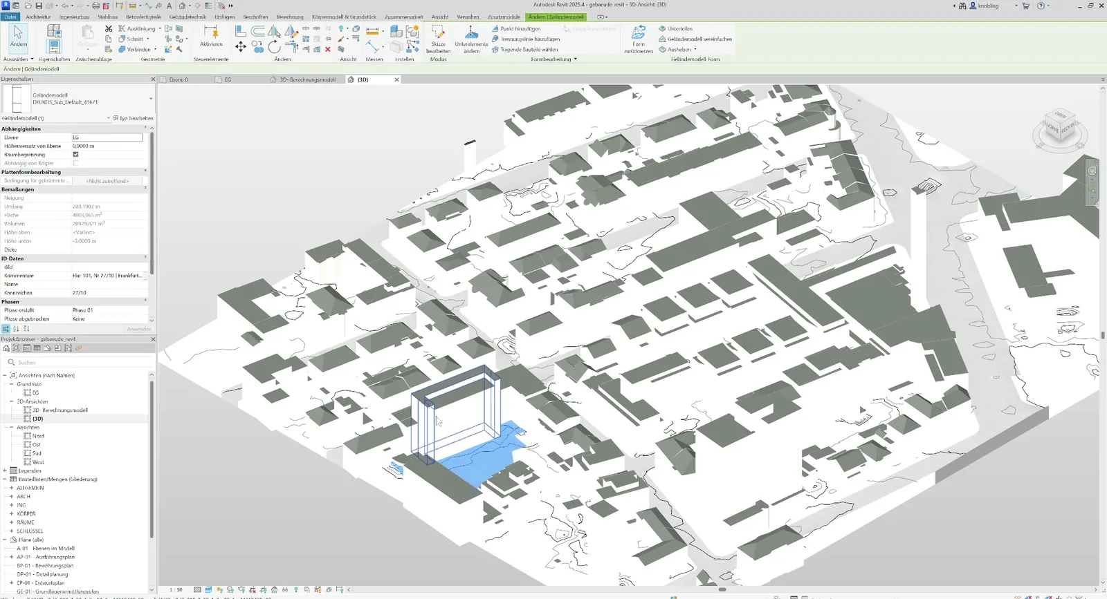 LoD2-Umgebungsmodell aus Frankfurt-Westend als IFC in Revit: graue Gebäudekörper mit Dachformen auf dem Geländemodell, ein einzelnes Gebäude blau markiert und als eigenes Bauteil ausgewählt.