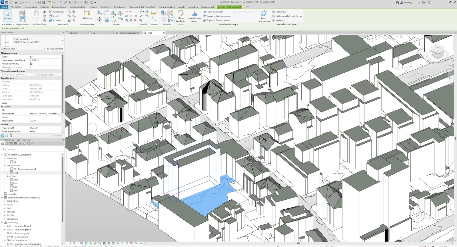 Dasselbe IFC in Revit: Quartier in Frankfurt-Westend, ein Gebäude blau markiert als einzeln gewähltes Element.