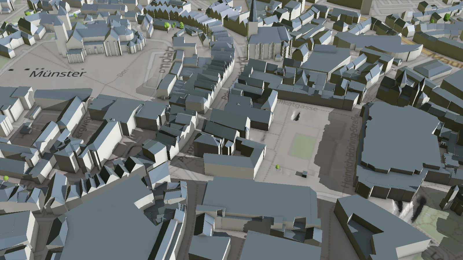 LoD2-Gebäudemodelle am Prinzipalmarkt in Münster in der DEUKOS-3D-Ansicht: Giebelhäuser mit steilen Satteldächern, Lambertikirche mit Turmdach.