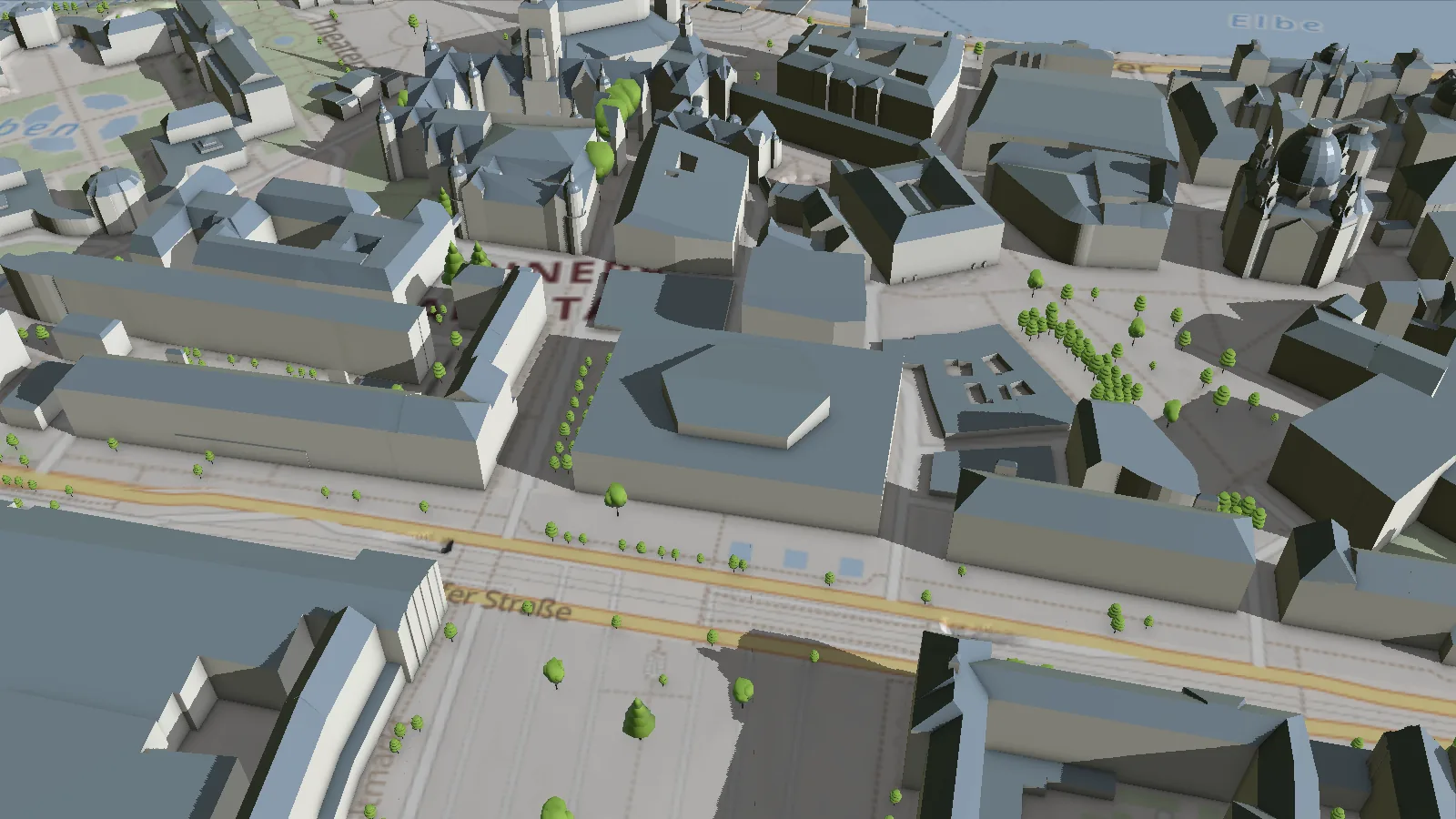 LoD2-Gebäudemodelle der Dresdner Altstadt in der DEUKOS-3D-Ansicht: Frauenkirche mit Kuppel, Blockrandbebauung mit Sattel- und Walmdächern, Elbe im Hintergrund.