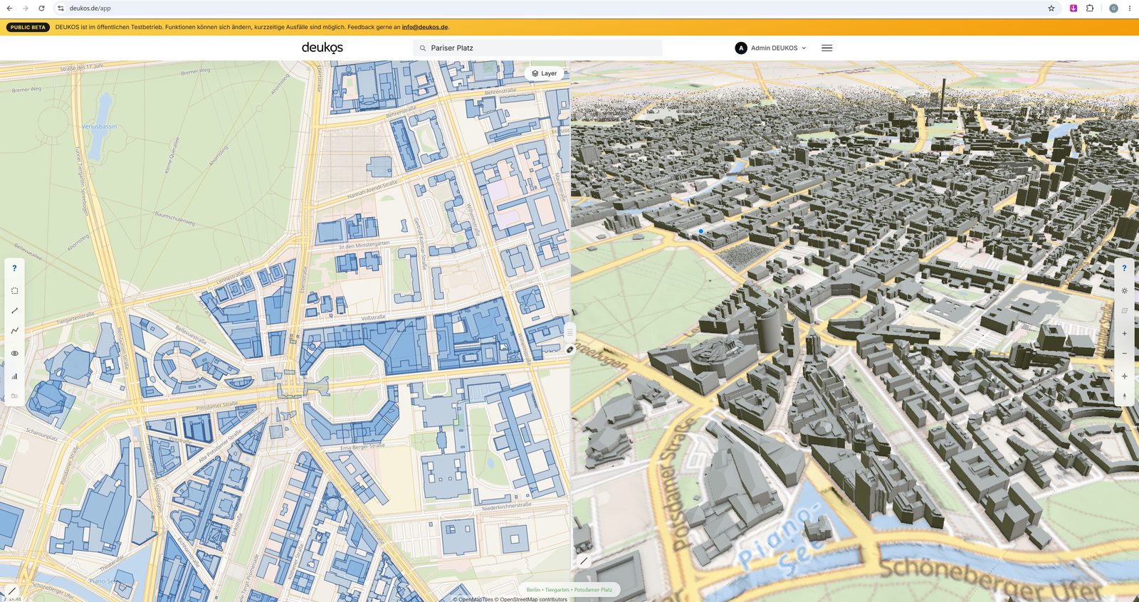 DEUKOS-App: 2D-Karte von Berlin-Mitte mit ALKIS-Layern
