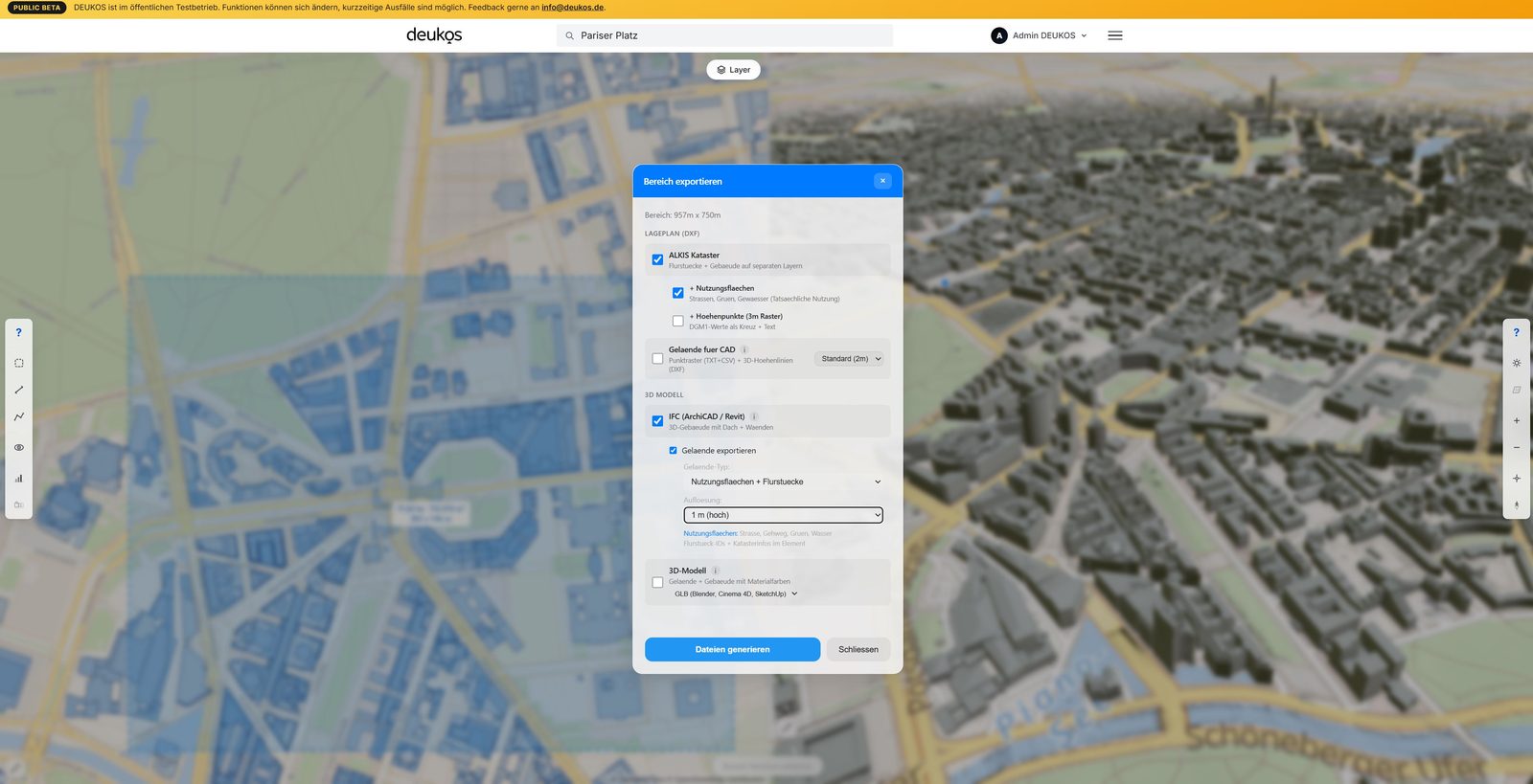 Bereich-Auswahl in der DEUKOS-App ueber Berlin-Mitte fuer den IFC-Export