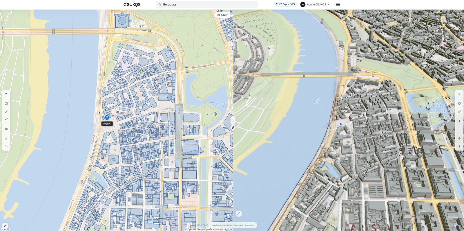 DEUKOS-App: 2D-Karte von Düsseldorf-Altstadt mit ALKIS-Layern