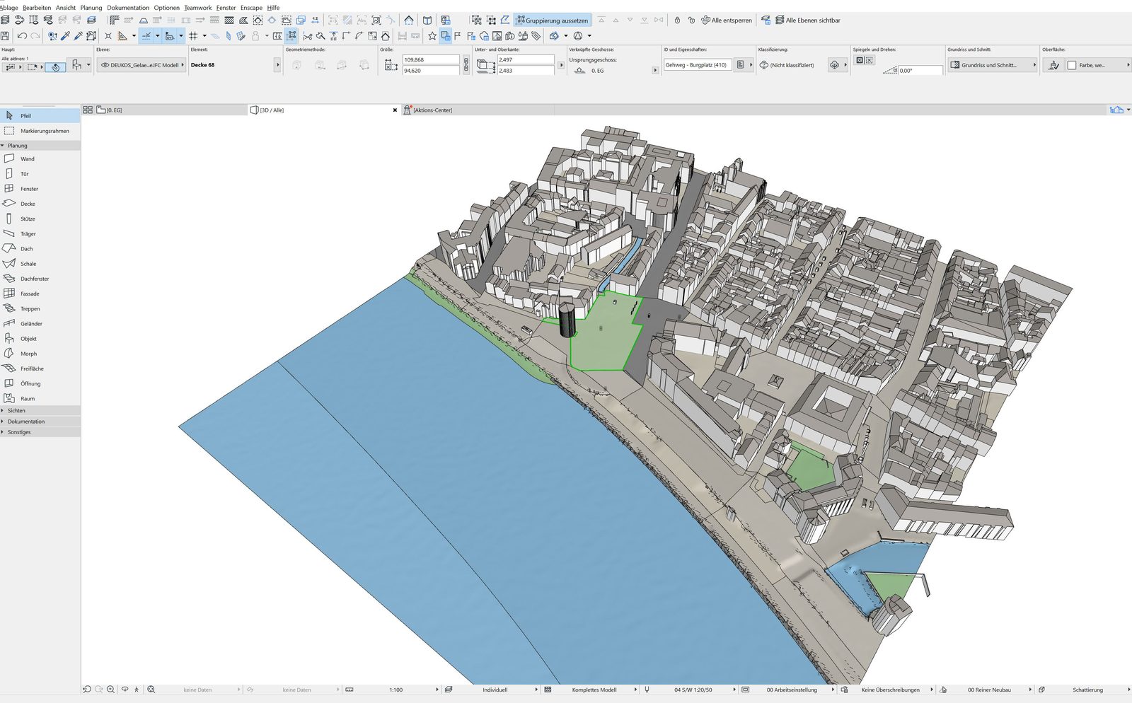 IFC von Düsseldorf-Altstadt in ArchiCAD geladen — getrennte Waende und Daecher