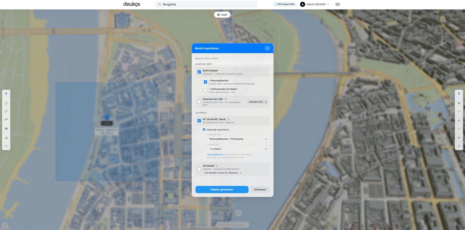 Bereich-Auswahl in der DEUKOS-App ueber Düsseldorf-Altstadt fuer den IFC-Export