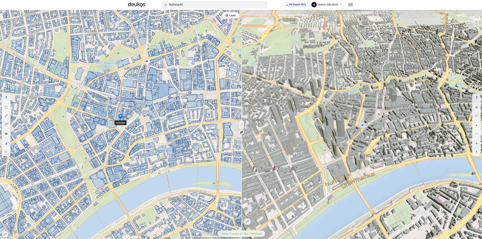 DEUKOS-App: 2D-Karte von Frankfurt-Innenstadt mit ALKIS-Layern