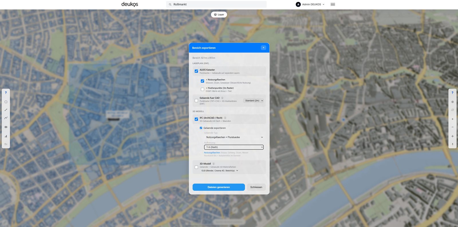 Bereich-Auswahl in der DEUKOS-App ueber Frankfurt-Innenstadt fuer den IFC-Export