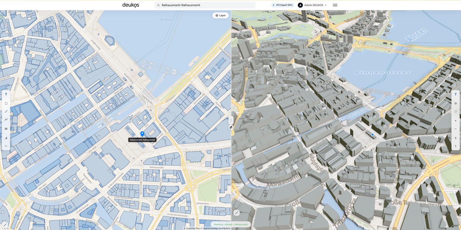 DEUKOS-App: 2D-Karte von Hamburg-Innenstadt mit ALKIS-Layern