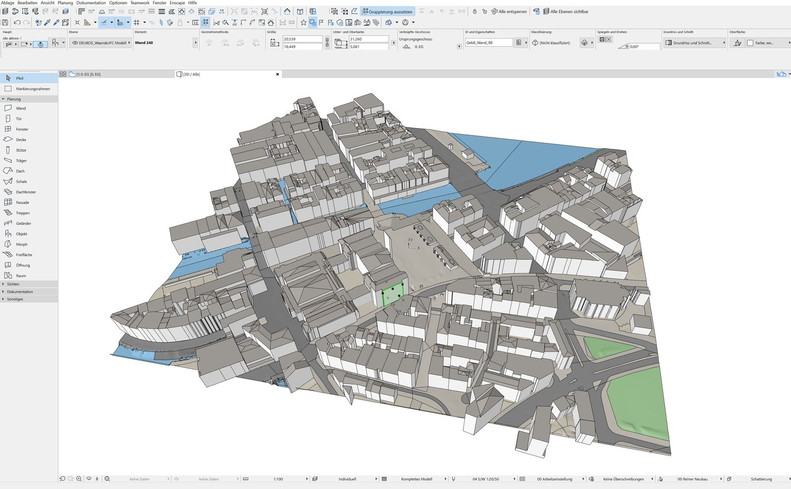 IFC von Hamburg-Innenstadt in ArchiCAD geladen — getrennte Waende und Daecher